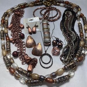 Mixed Jewelry Lot Copper Bronze Silver Tone Necklaces Earrings Bracelet Ring Set